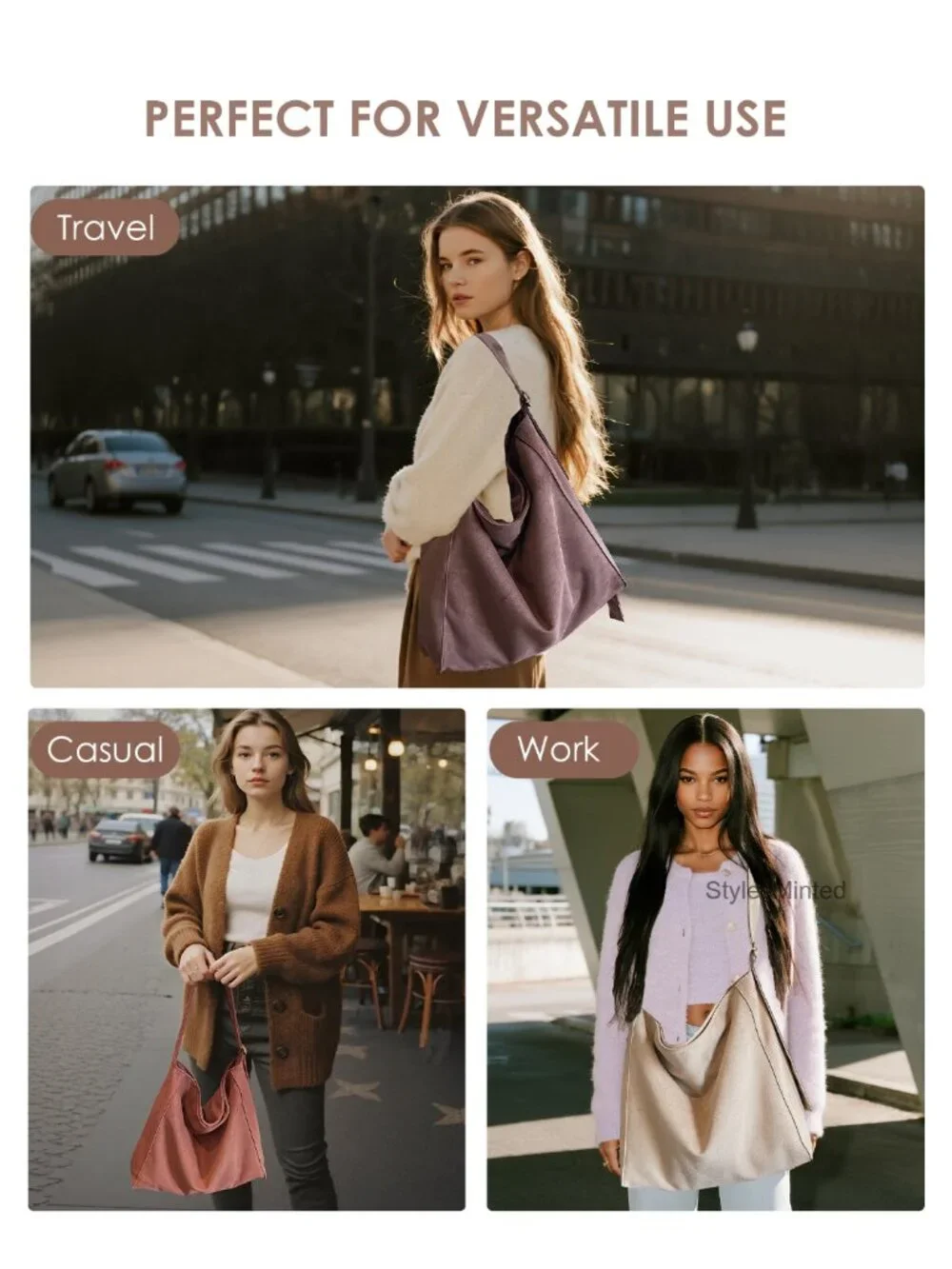 Faux Suede Slouchy Hobo Shoulder Bag Large Tote Crossbody for Work Travel